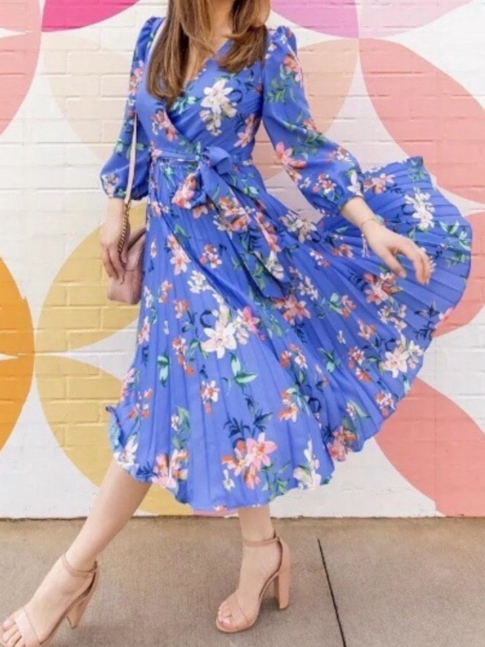 Eliza J Blue Floral Wrap Midi Dress with Tie Waist; Size 6